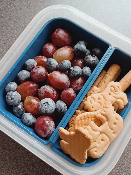 Snackbox mit Weintrauben, Blaubeeren, Keksen und Knusperstangen