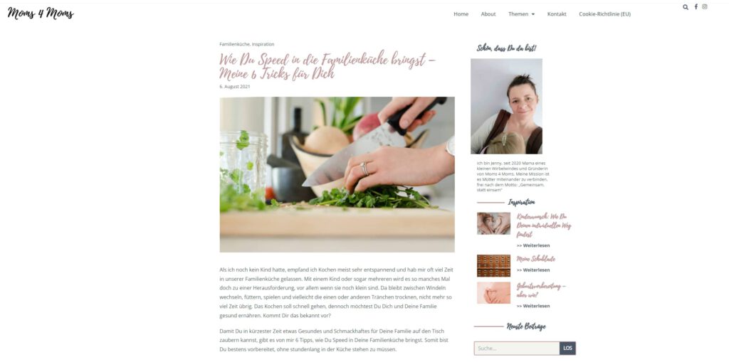 Screenshot eines Blogartikels über Familienküche